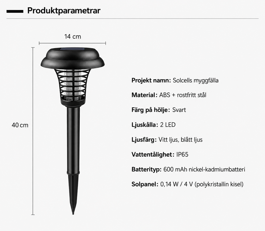 Solcellsdriven LED-lampa med UV-insektsfälla – Uppladdningsbar Mygg- och Insektsdödare för Trädgård, Gräsmatta och Camping