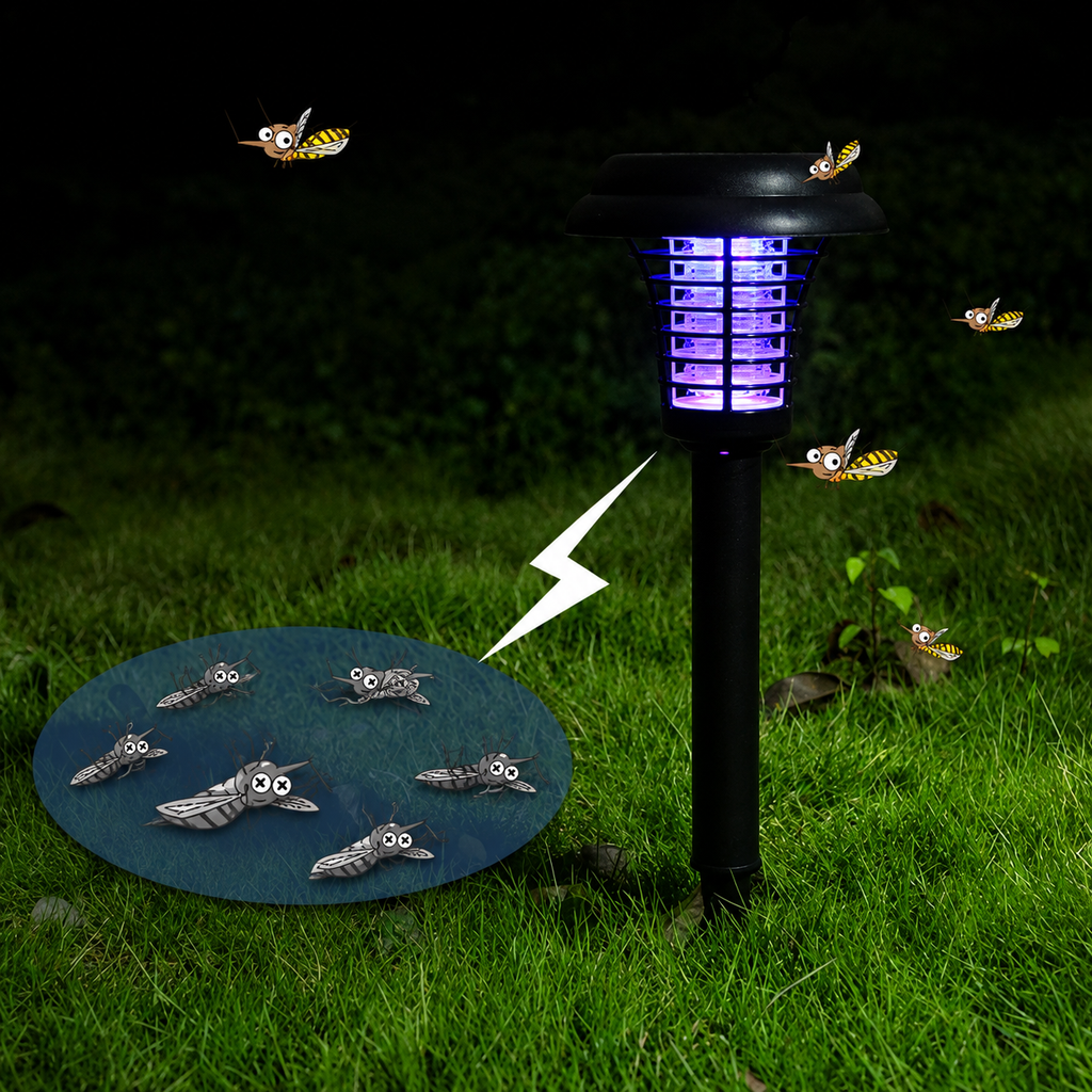 Solcellsdriven LED-lampa med UV-insektsfälla – Uppladdningsbar Mygg- och Insektsdödare för Trädgård, Gräsmatta och Camping